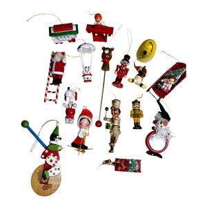 VTG Lot of 15 Assorted Hand Painted Wooden Christmas Ornaments Various Sizes